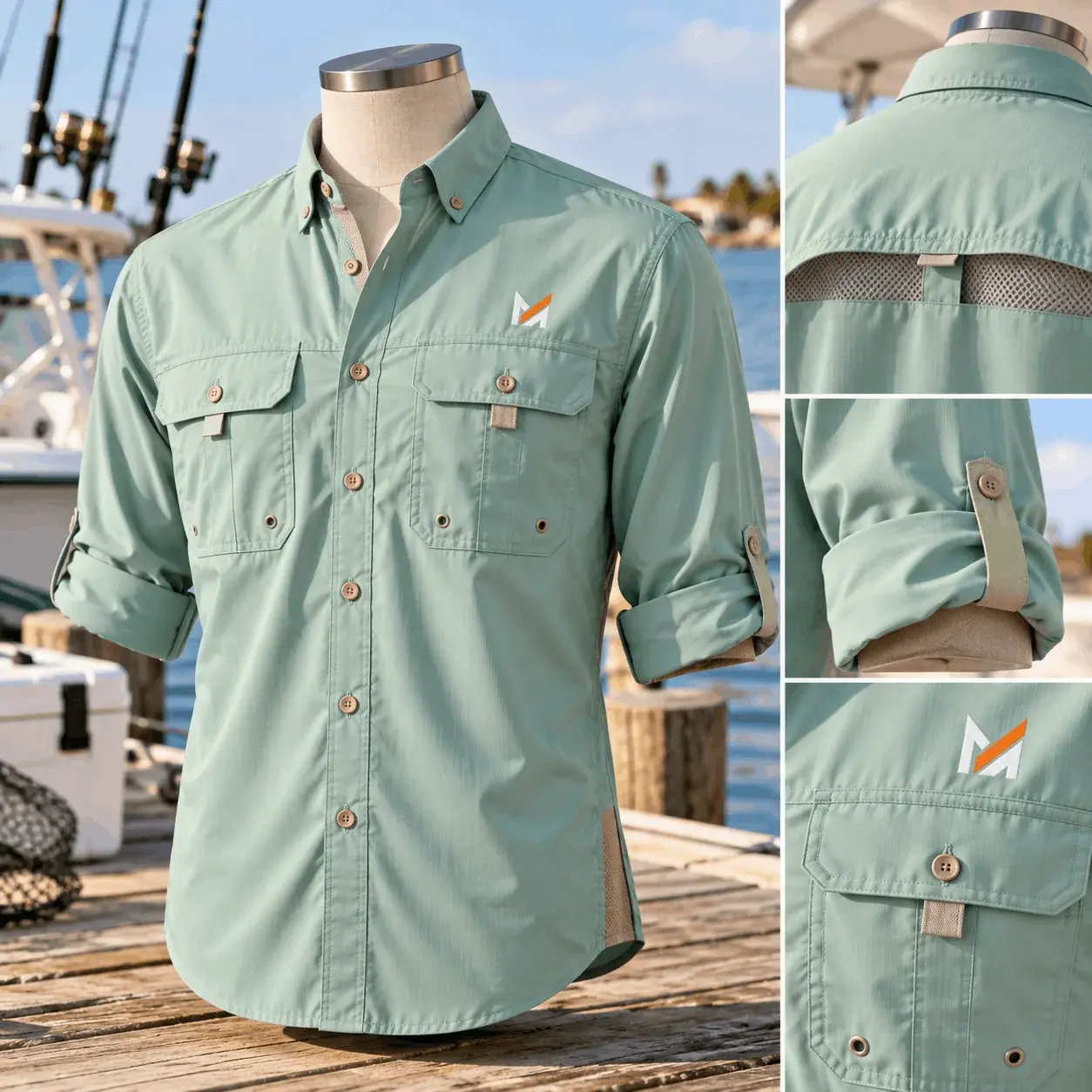 Light sage green vented button-down fishing shirt displayed on a mannequin, featuring chest utility pockets, roll-up sleeves, a breathable mesh back vent, and Mega Apparel branding in a marina setting.